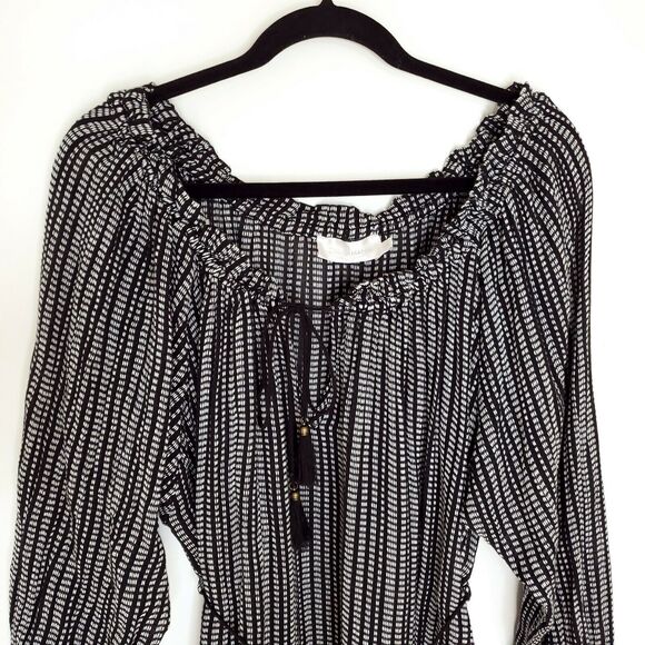 Zimmermann Pavilion Striped Dress 2 Wide Neck Off Shoulder Black Tassel Tie - Picture 4 of 11